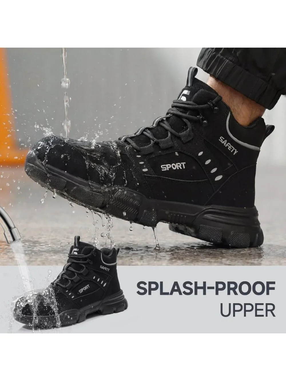 Men's Black Splashproof Shoes Casual High Top Steel Toe Non Slip Hiking Boots